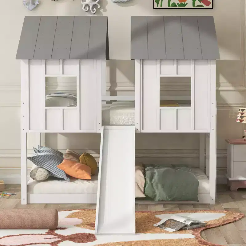Whisen Twin over Twin House Bunk Bed with Slide and Windows - White
