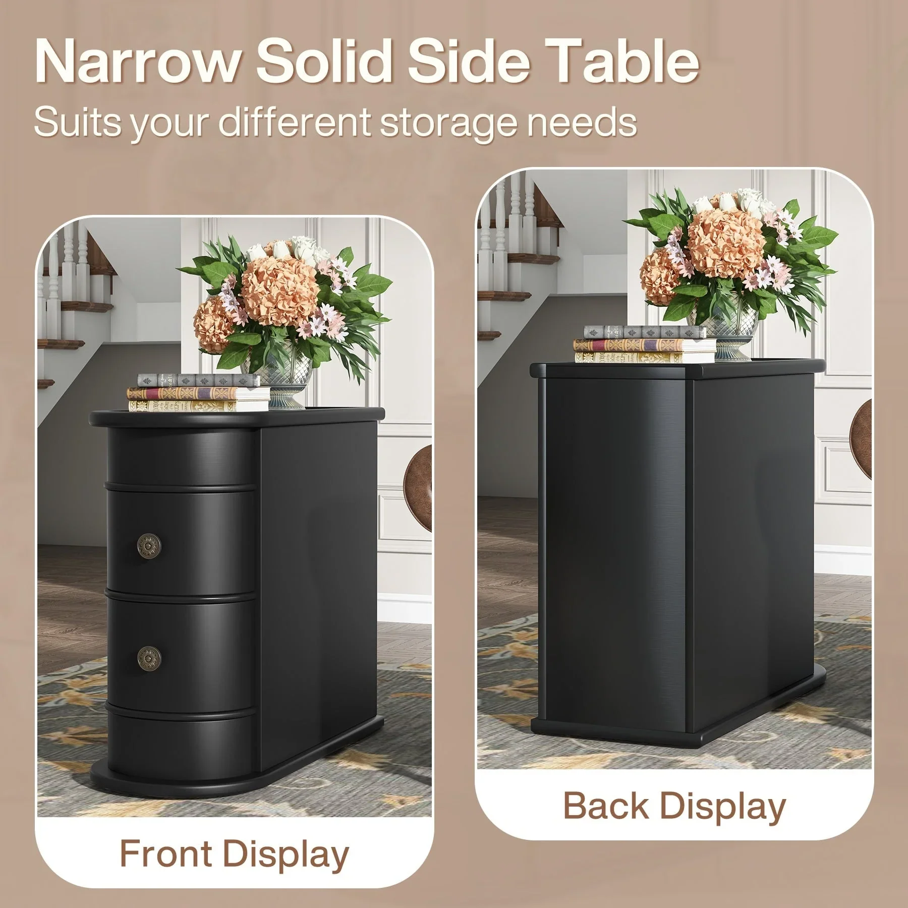 Solid Wood Chairside End Table, Two-Drawer Narrow Side Table Slim