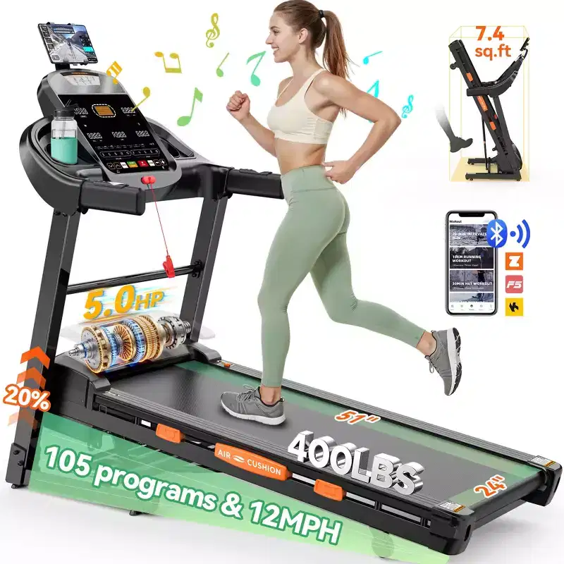 5HP Treadmill on Sale  Treadmill with 20% Incline, Foldable Treadmills for Home Small, Bluetooth Speakers, App Control, Pulse Handles, 400LB Capacity