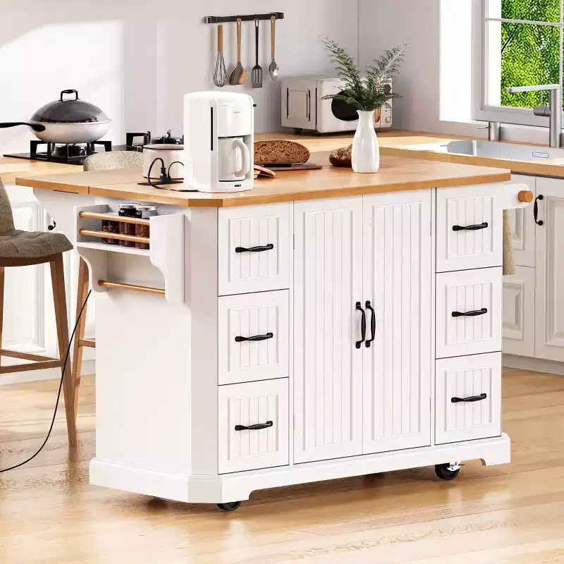 Kitchen Cart with Rubberwood Drop Leaf, Power Outlet, 4 Door Shelves and 6 Drawers
