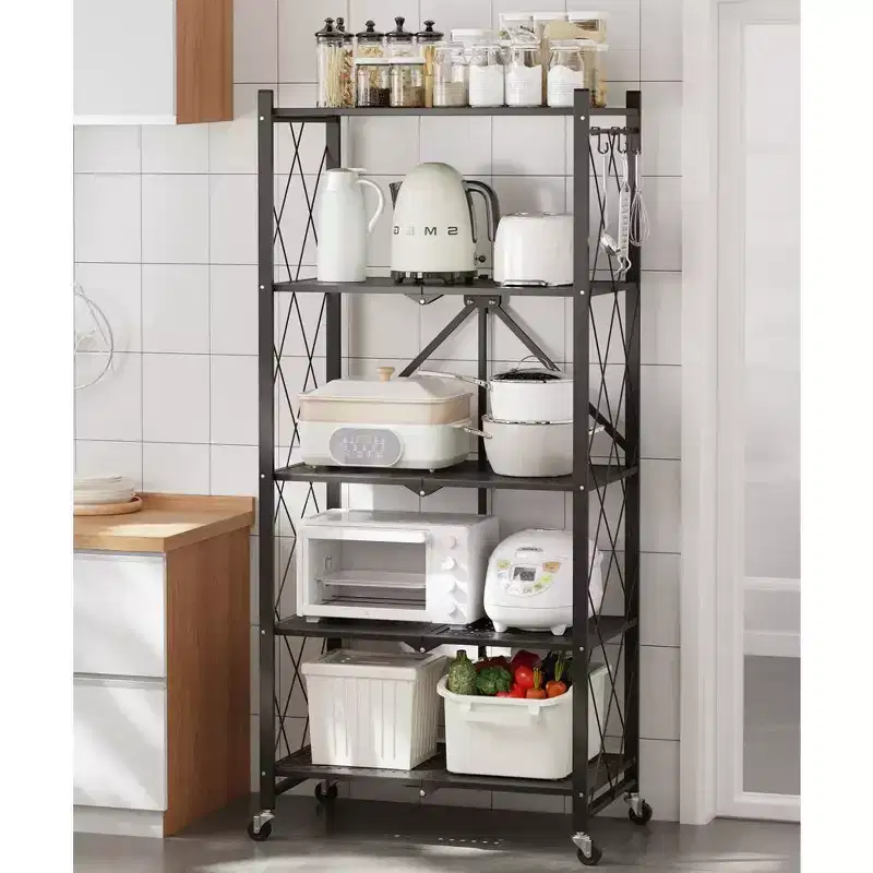 Foldable Storage Shelf 5-Tier with Wheels 750 lbs Capacity No Assembly Steel Rack Black