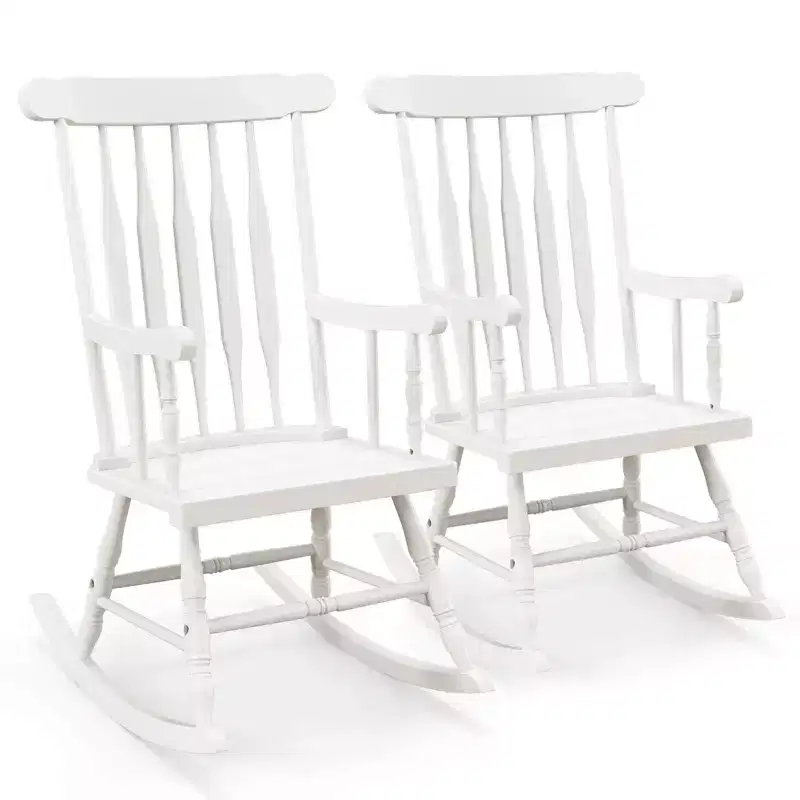 Costway Set of 2 Wood Rocking Chair Glossy Finish White\ Coffe