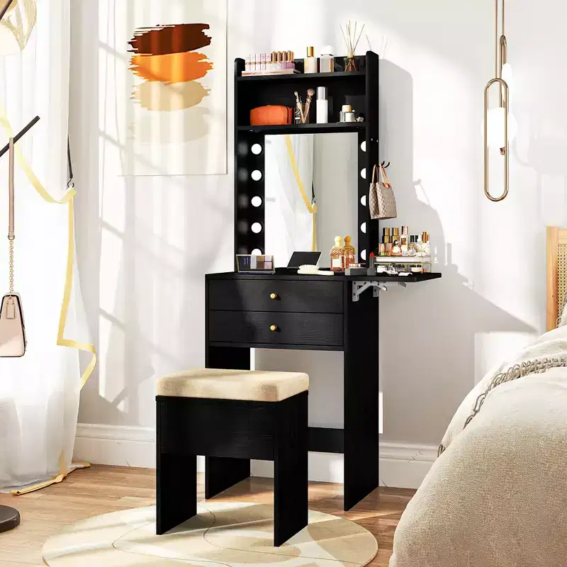 Costway Vanity Desk Set w/ Mirror and Lights 3-Color Lighted Mirror Cushioned Stool Black