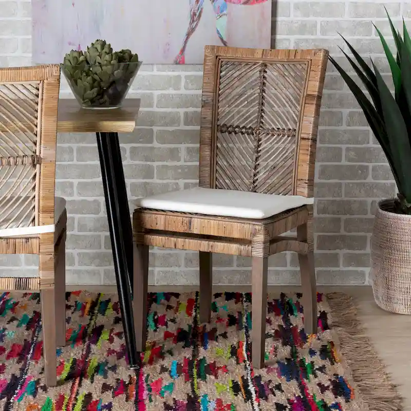Laluna Modern Bohemian Rattan/ Mahogany Wood Dining Chair with Cushion