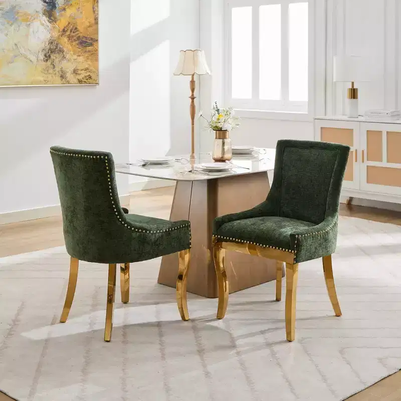 Okak Modern Chenille Dining Chairs Set of 2, Comfy Fabric Chairs with Thick Upholstered, Accent Chairs with Gold - Plated Legs Rivet Trim