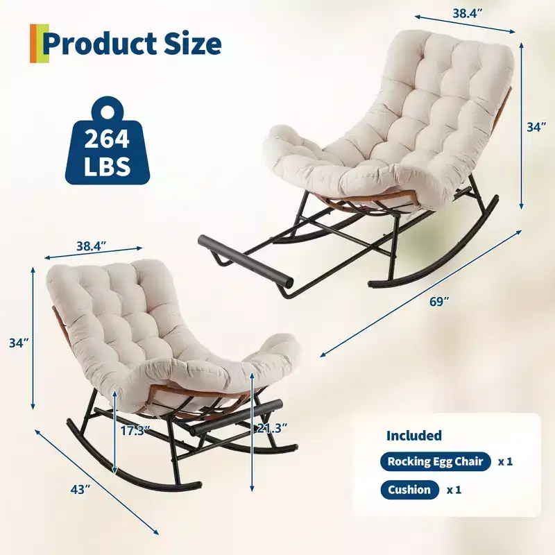 Papasan Rocking Chair with Footrest - Oversized Lounge Chair with Removable Cushion for Patio Garden Living Room 352 LBS Capacity