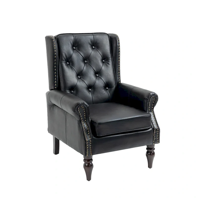 Upholstered PU Leather Accent Chair,Mid Century Button Tufted High Back Arm Chair with Armrest and Solid Wood Legs