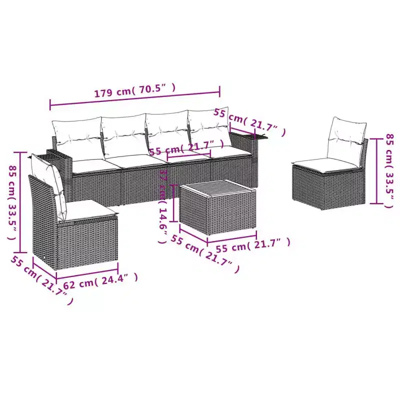 vidaXL 7 Piece Garden Sofa Set with Cushions Grey Poly Rattan