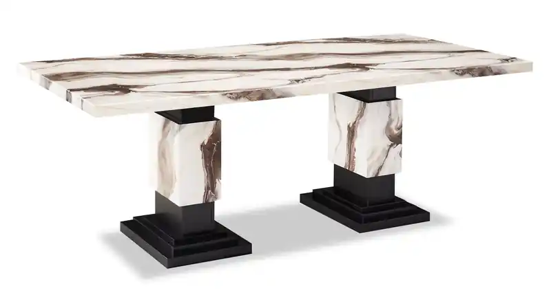 Dining Table, Marble Look, Pedestal Base, 82W - Black & White