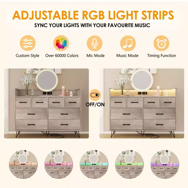 8-Drawer Dresser with Power Outlet, LED Lights & Gold Handles, Modern Wood Chest, White