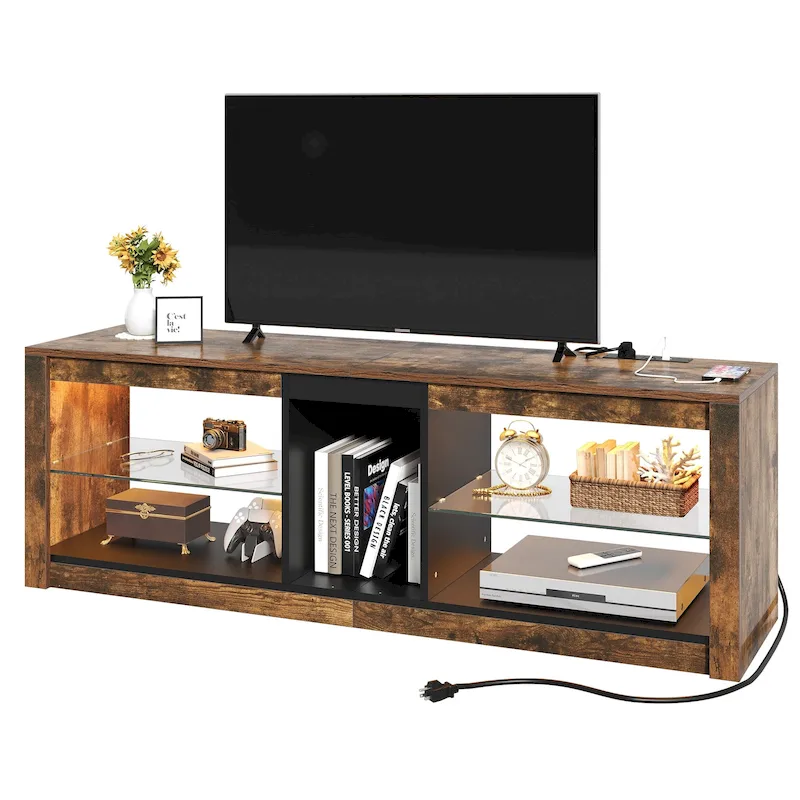 Moasis LED RGB TV Stand w/ Power Outlets for TVs up to 55/60 Entertainment Center with Glass Shelves