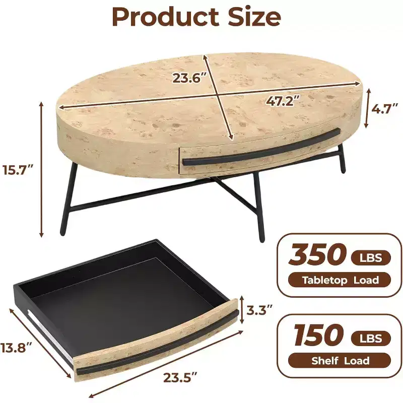 Oval Coffee Table with Drawer, 47.2 Wooden Coffee Table with Storage and Cross Metal Legs Unique Curved Design for Living Room