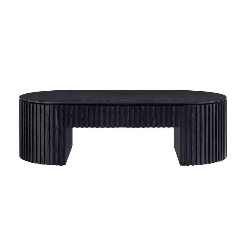 GDFStudio Manuel Modern Wooden Oval Pedestal Coffee Table with Drawer and Handcrafted Relief