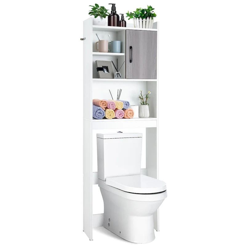 White + Rustic Grey Over-Toilet Storage Cabinet with 4 Shelves & Door, 1-Person Assembly