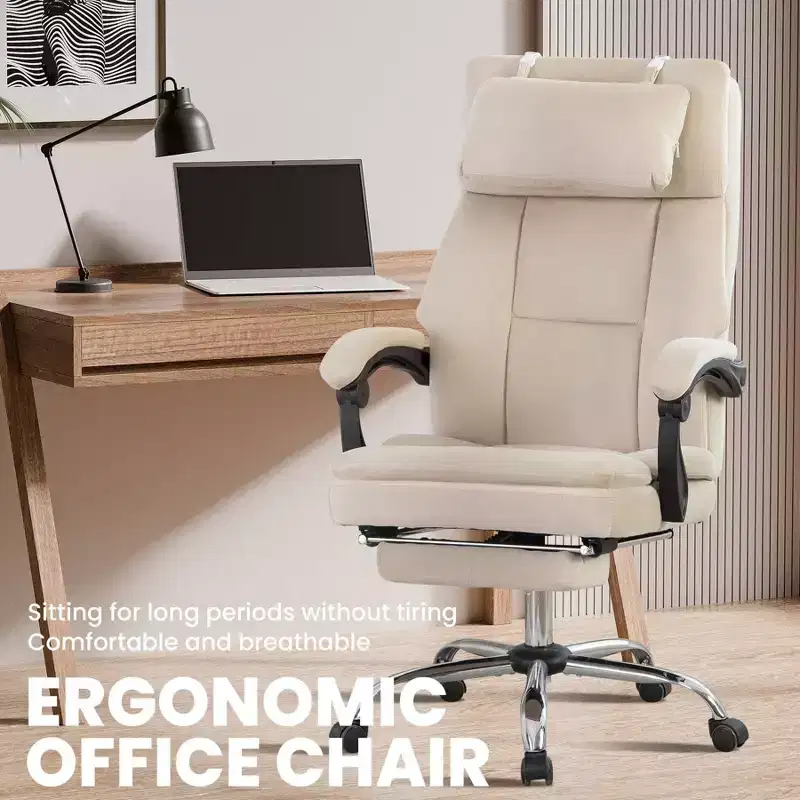 360 Swivel Ergonomic Office Chair with Footrest, Head Pillow & Recliner, Beige
