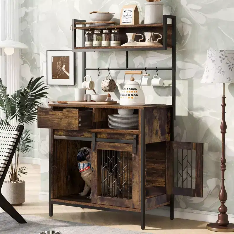 2-in-1 Kitchen Storage Cabinet Hutch with Dog Crate, Rustic Brown