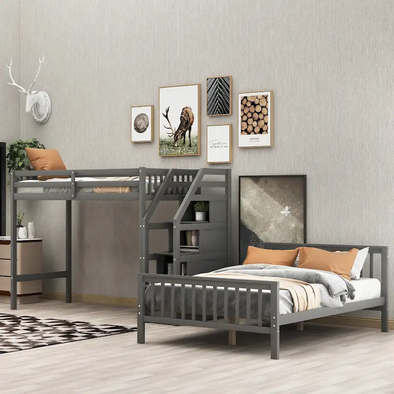 Twin Over Full Wood Loft Bed with Staircase,High Guardrails and Ladder