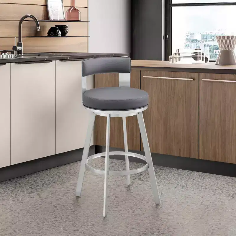 26" Metal with Faux Leather Swivel Counter Height Barstool Silver/Gray