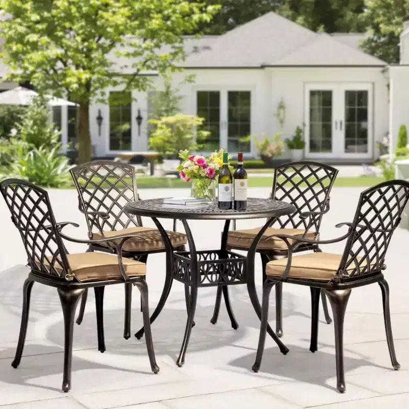 Karl Home | Elegant Bronze Cast Aluminum Patio Chair with Latte Cushions (Set of 2)