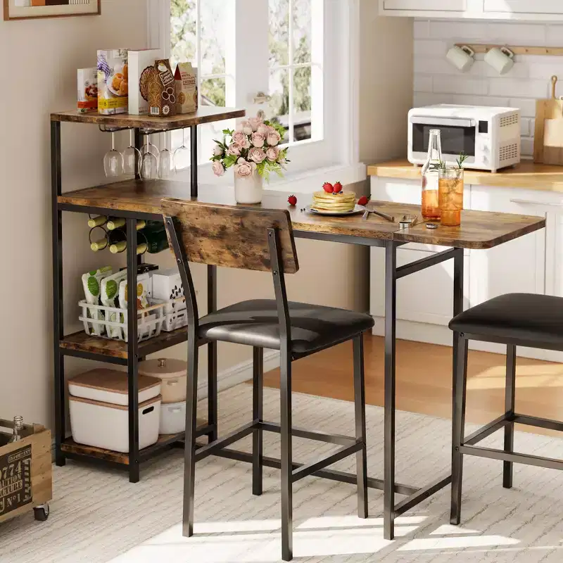 3PCS Bar Table Set for 2, Expandable Kitchen Dining Table with 2 Stools, Counter Height Bar Table and Chair Set with Storage Shelf & Wine Rack