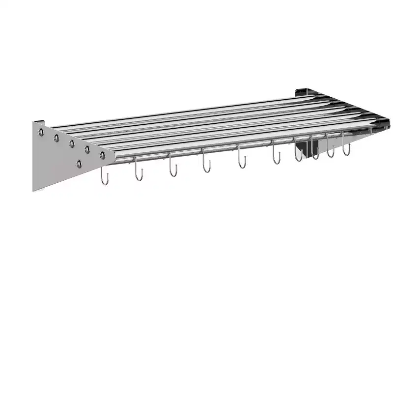 NSF Certified Stainless Steel Wall Mount Shelf, Metal Kitchen Rack with 10 S Hooks for Convenient Storage and Organization of Pots, Pans