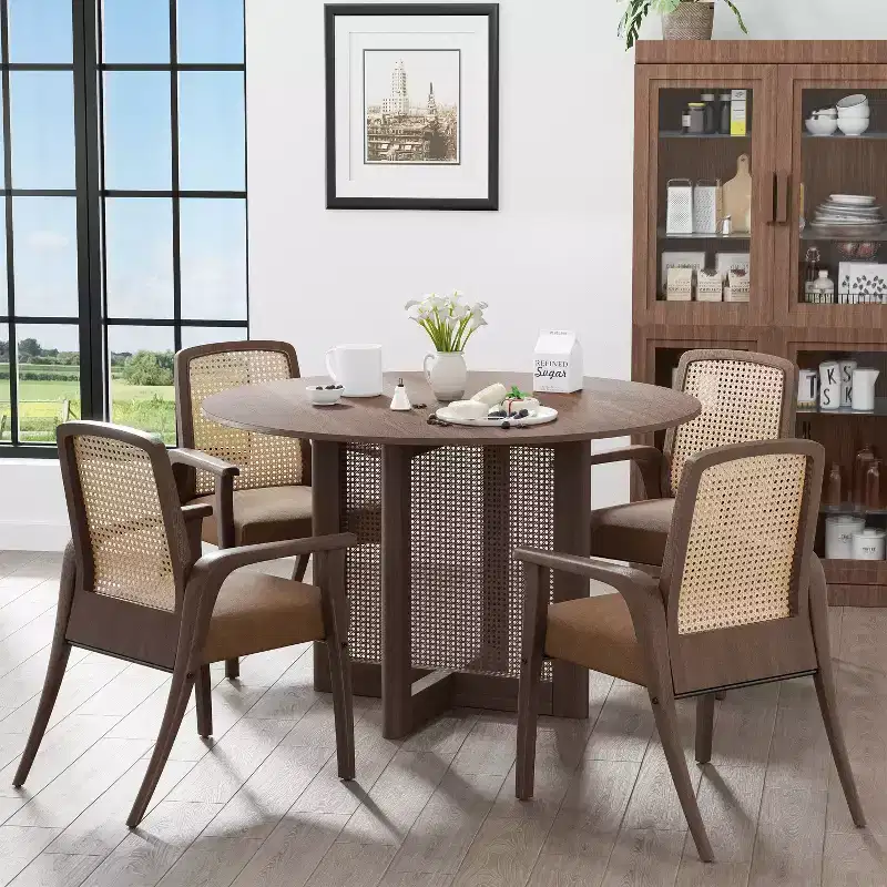 46 inch Round Brown Rattan Dining Table for 4-6 People Suitable for Dining Room and Living Room