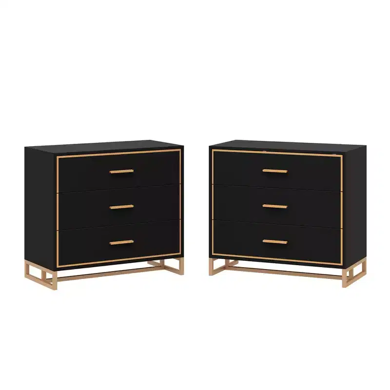 3-Drawer Modern Nightstand with Open Metal Frame, Black & Gold Finish, 28.7