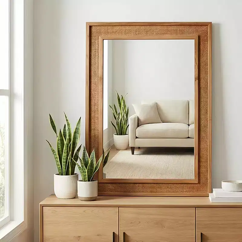 20 x 30 Farmhouse Rattan Decorative Wall Mirror, Vanity Mirror for Bathroom, Wood Accent Mirror for Living Room or Hallway-Panipeachy