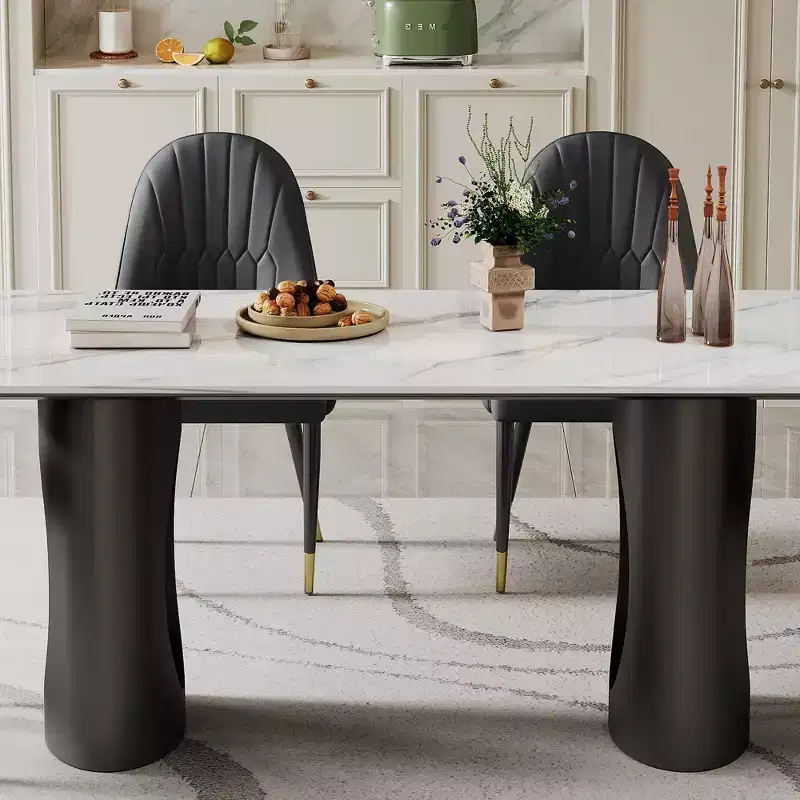Large Dining Table Rectangular Kitchen Table, Sintered Stone Composite Tempered Glass Table with Carbon Steel Base for Big Family