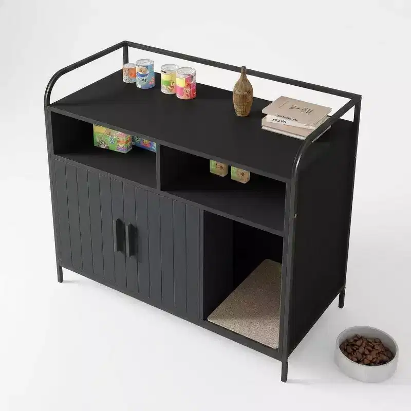 Hidden Cat Litter Box Furniture with Storage Shelves, Modern Metal Frame Cat House Cabinet and Side Table for Indoor Use