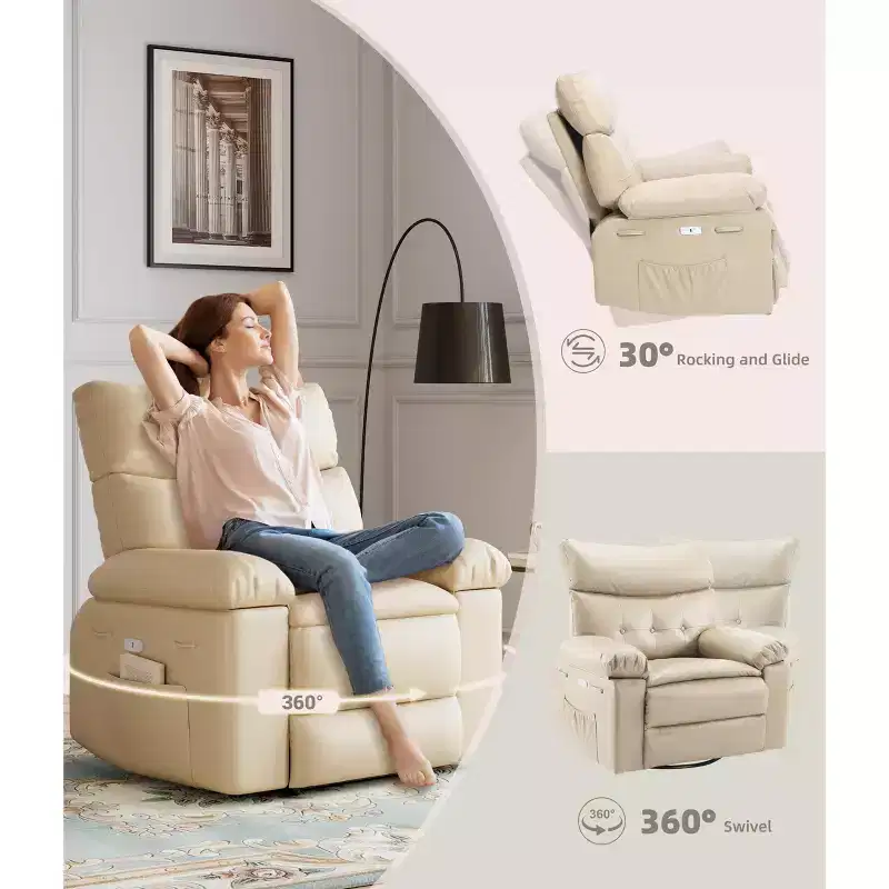 Oversized Recliner Chair with Heat and Massage - 360° Swivel, Manual Rocking, Faux Leather