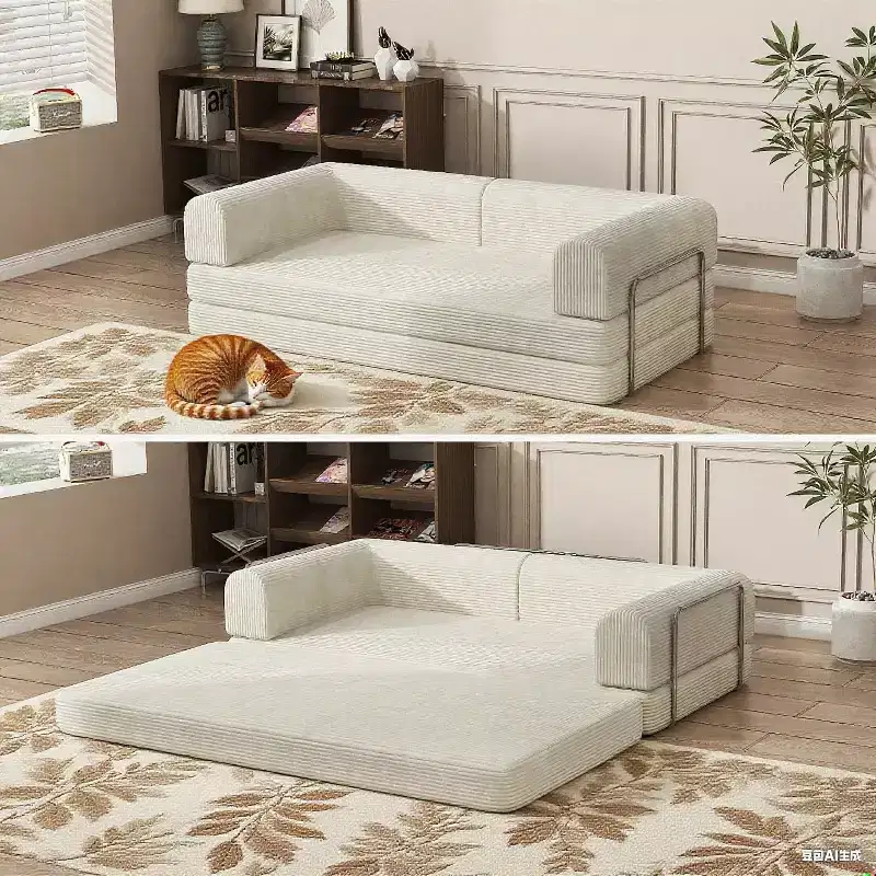 Convertible Corduroy Sleeper Sofa Bed, 3 Seater Folding Mattress Couch, No Assembly Floor Futon for Living Room Dorm Studio