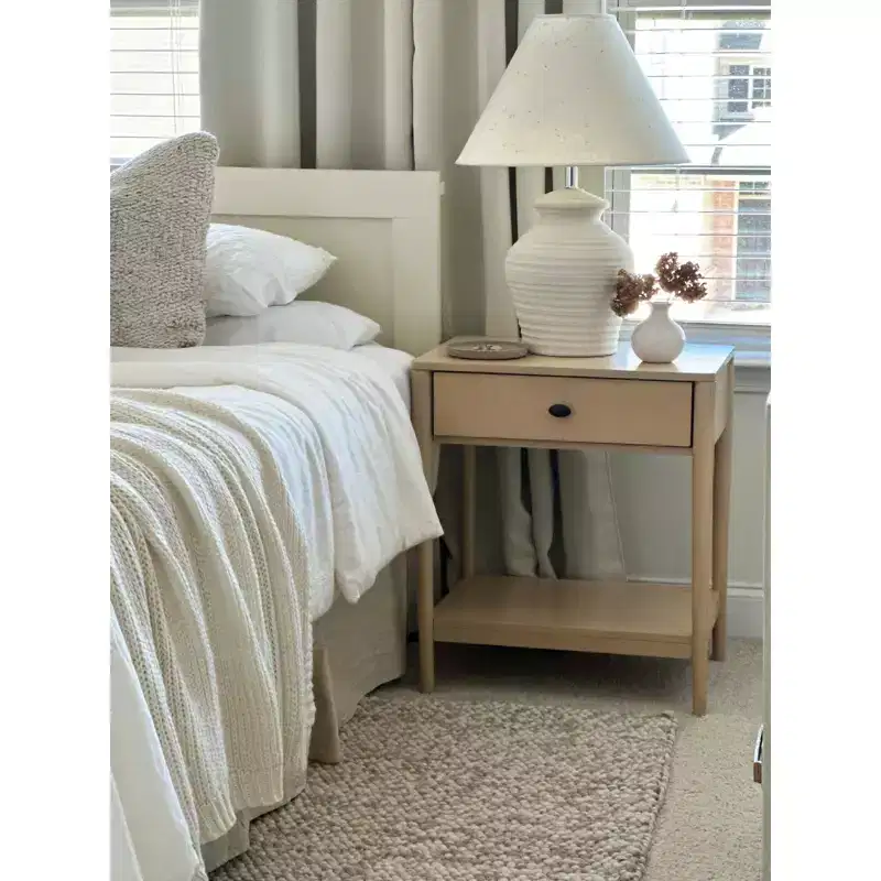 1-Drawer Rubberwood Nightstand with Open Shelf, Whitewash Finish, No Assembly