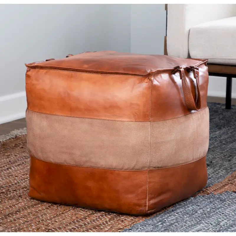 Leather & Canvas Pouf Ottoman – Brown/Tan, Black/Grey, Espresso/Tan – 1 Person