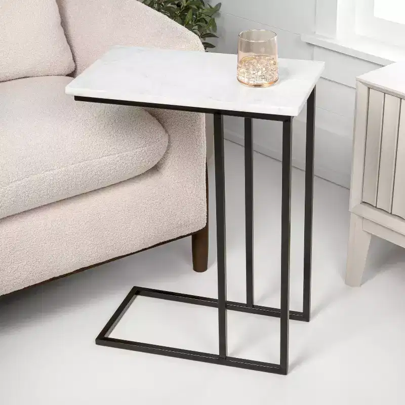 24.25 Designer Industrial Metal C-Shaped End Table & Side Couch Table with White Marble Top