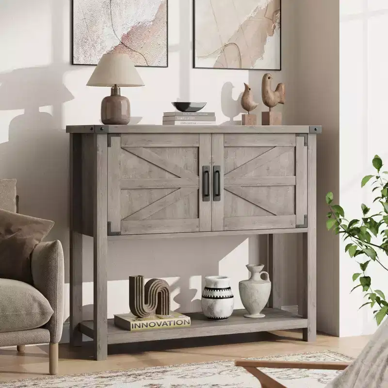 Farmhouse Console Table with 2-Door & 2 Drawers, Console Table with Storage Shelf, Sofa Tables Buffet Sideboard