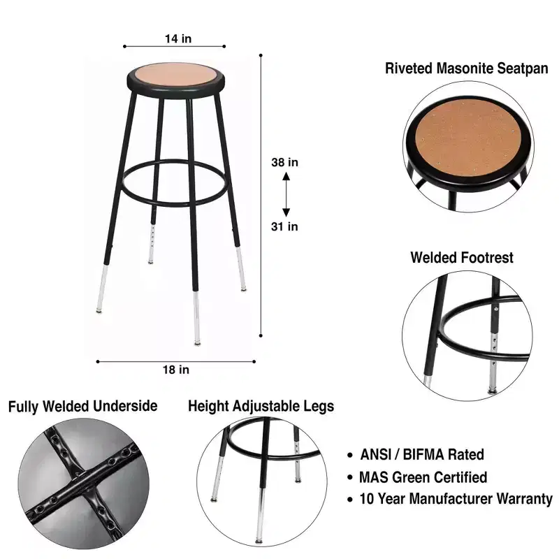 Hampden Furnishings Set of 2 32"-39" Height Adjustable Heavy Duty Steel Accent Barstools Black: Modern Round Frame, 300 lbs Capacity