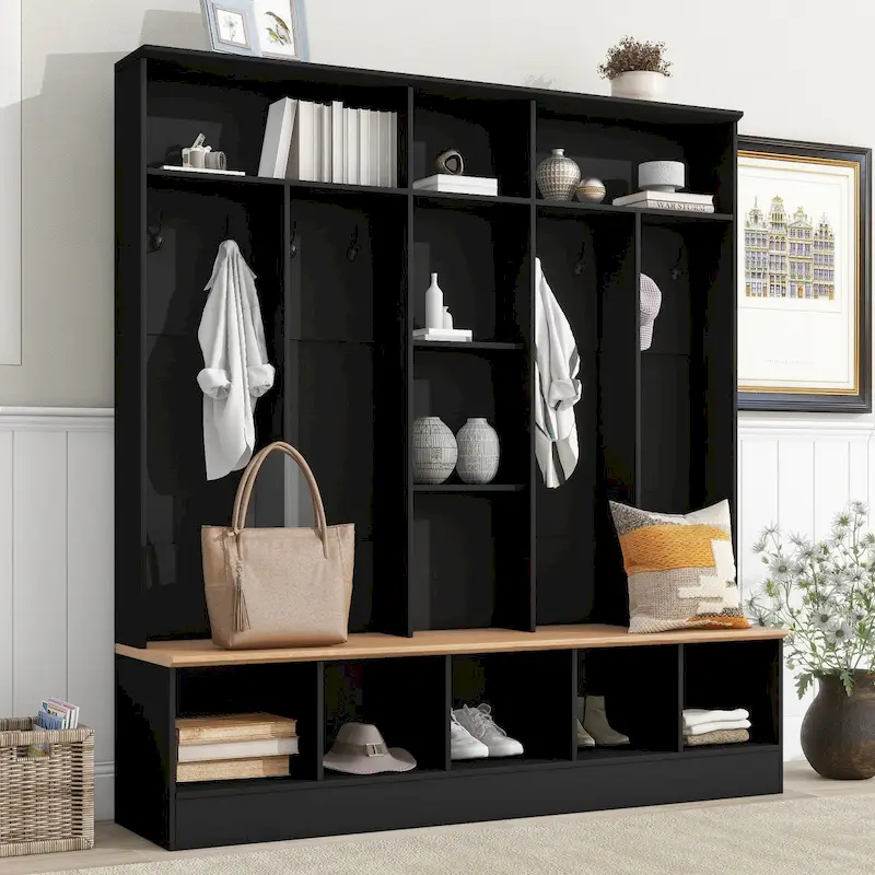 Wide Design Hall Tree with Storage Bench,Multifunctional Coat Rack with 8 Hooks for Entryways, Mudroom