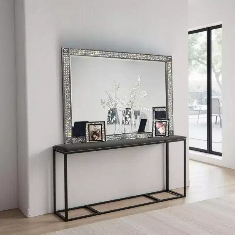 Royal Hampton Dresser Mirror, Crystal Trim Frame, 46 Inch Gray Solid Wood
