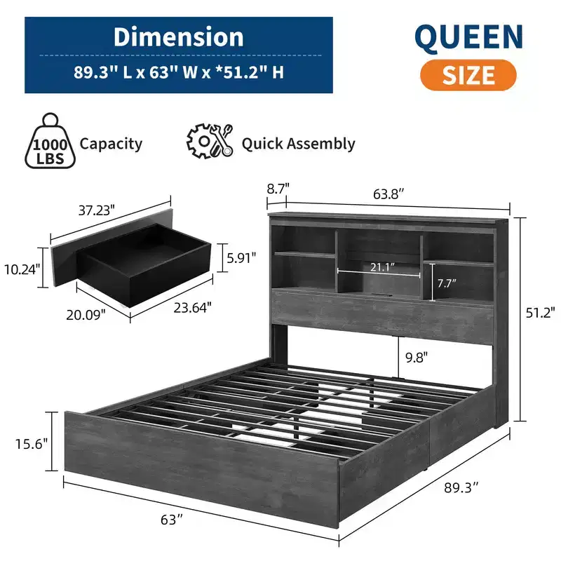 Bed Frame with Bookcase Headboard, 4 Drawers & Built-in Charging Station – No Box Spring Needed