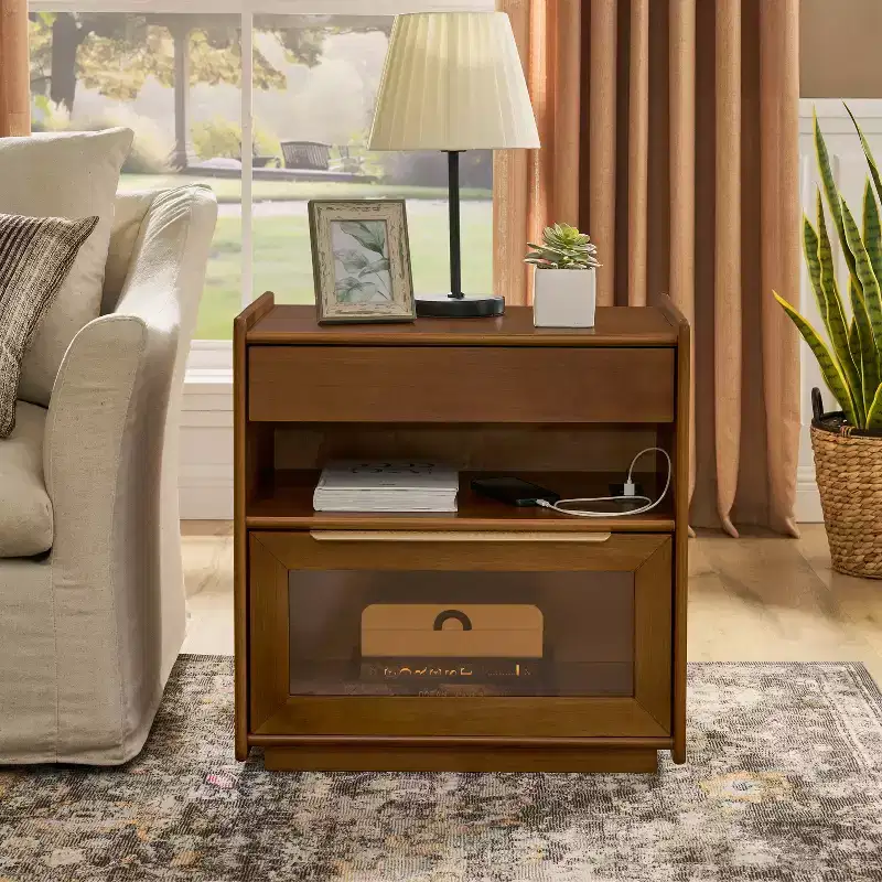 Modern End Table With 2 Drawers, Modern Bedroom Nightstand with Open Shelf, Wood Sofa Side Table for Living Room Bedroom