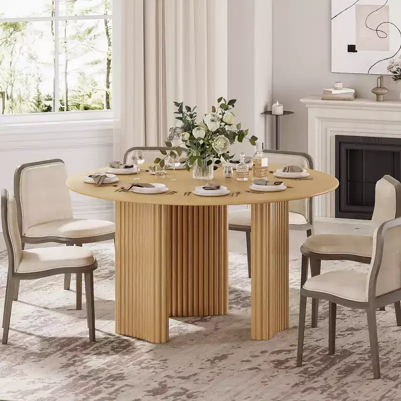 52 Modern Round Dining Table with Striped Column Legs Solid Wood Kitchen Table Anti-Scratch Footpads for Dining Room & Kitchen Bar in Natural