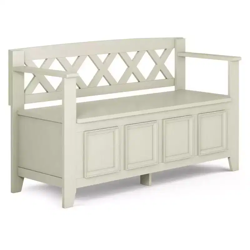 WyndenHall 48" Halifax Transitional Entryway Storage Bench Antique White: Solid Wood, Dual Compartment, 300 lbs Capacity