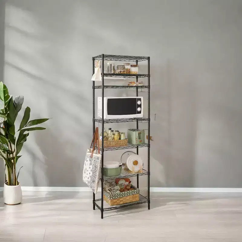 7-Tier Wire Shelving Unit with Adjustable Shelves, Liners & 8 Hooks, Black