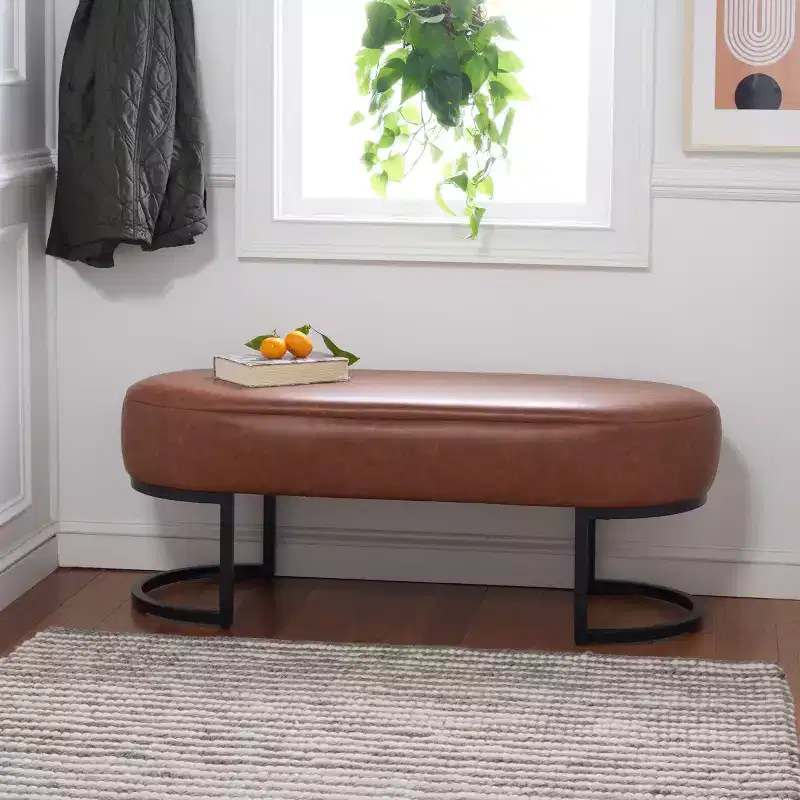 Oval Bench, Grey PU Leather Seat, Elegant Accent Seating - BCH6403