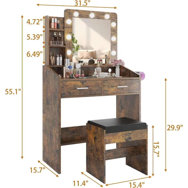 Black / Rustic Brown / White MDF Vanity Desk with 9-Bulb Lighted Mirror, 2 Drawers, Power Outlets and Cushioned Stool for 1 Person