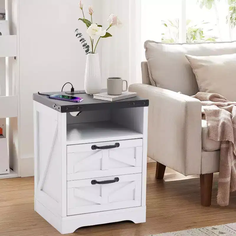 Farmhouse Nightstand with Charging Station, 2 Drawer Rustic End Table with USB Ports and Outlets, Industrial Bedside Table