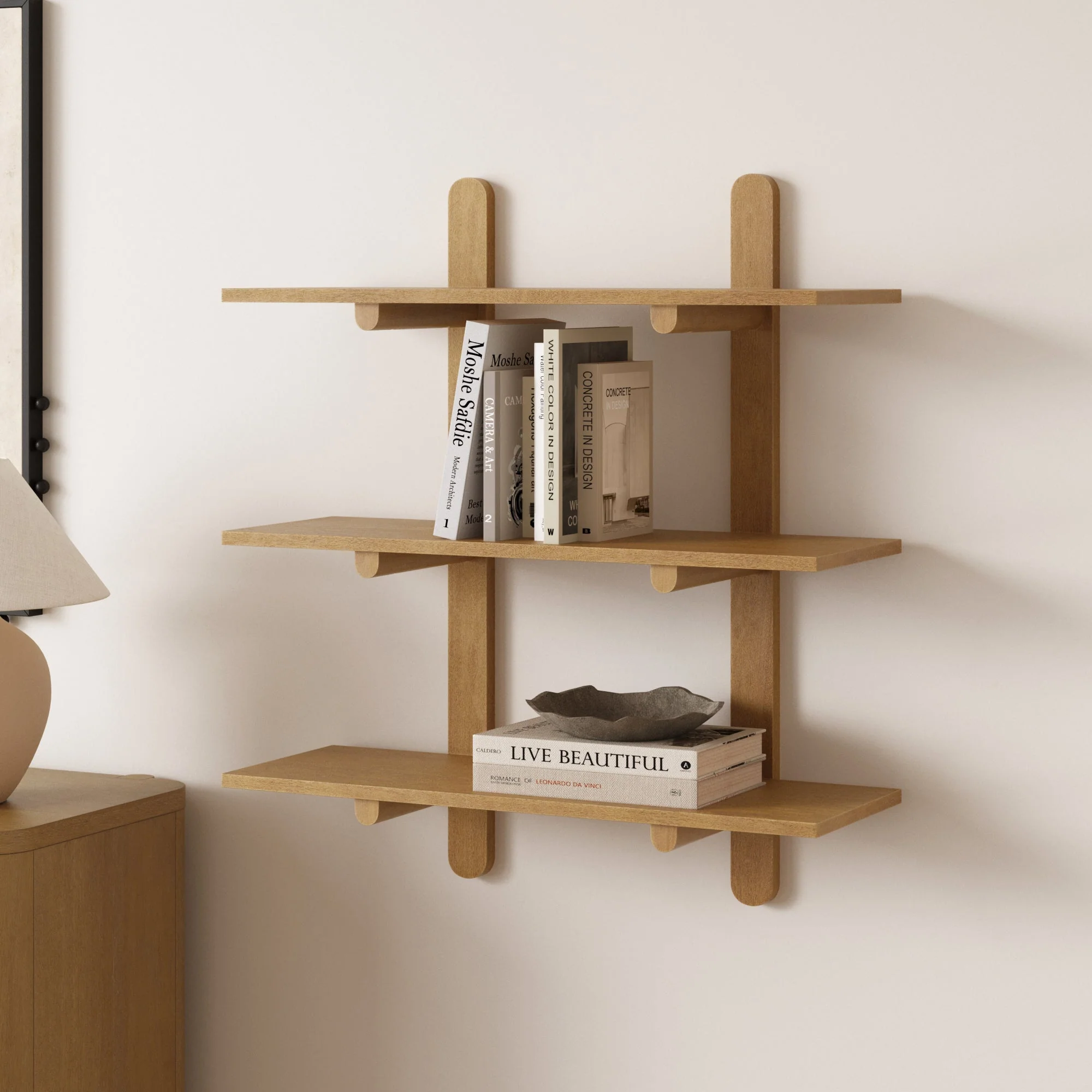 Mid Century Modern 3-Tier Wall Mounted Wood Shelf Light Brown