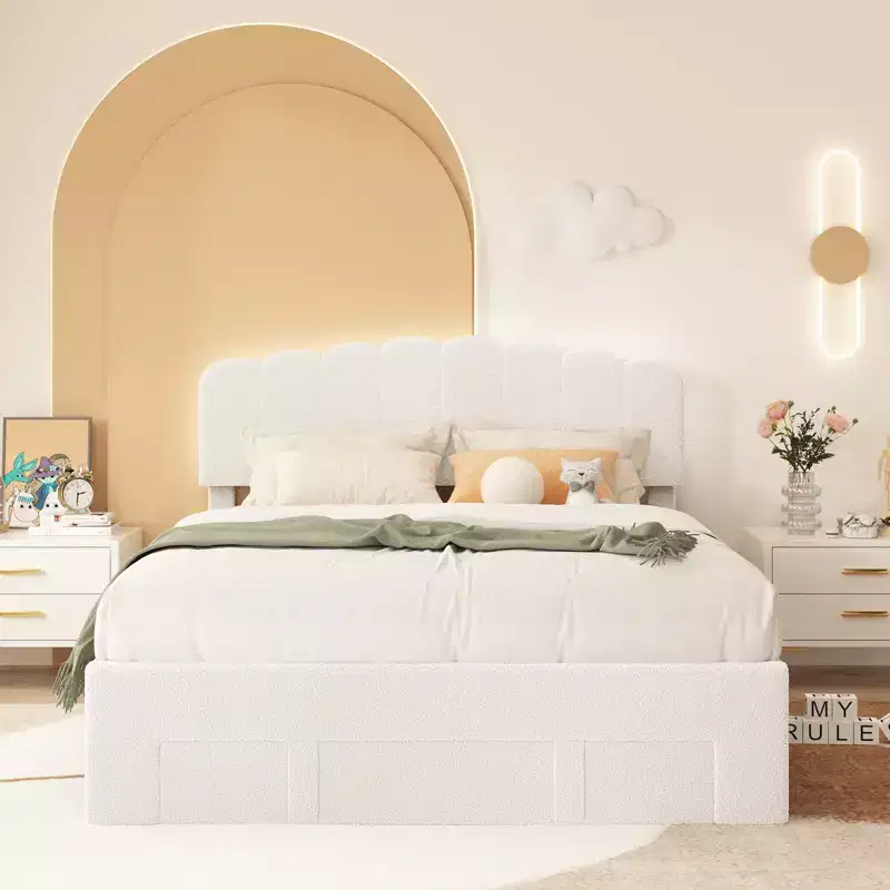 Bestier Modern Upholstered Bed Frame with Wave Headboard, White Ambience Lighting and Extra-Large Storage Drawer