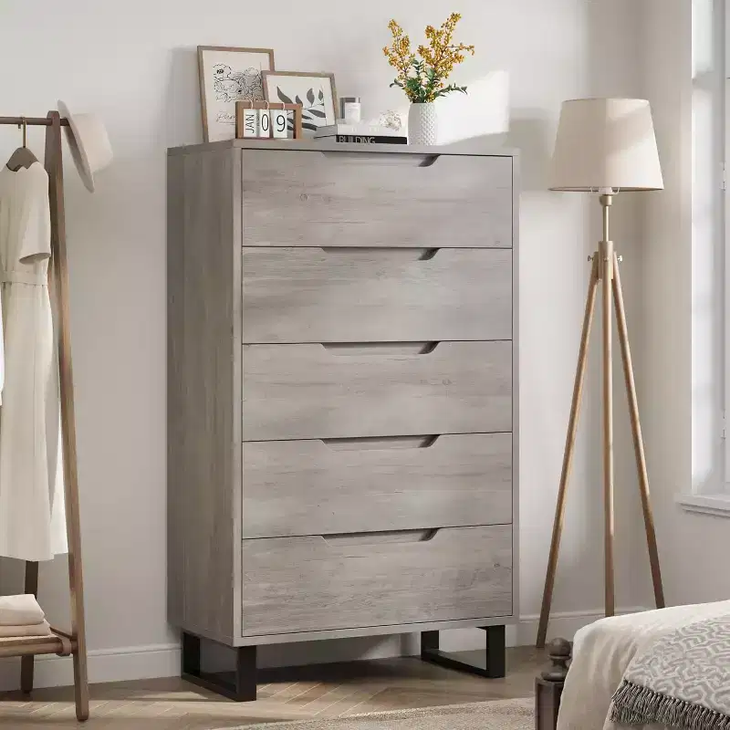 Five-Drawer Dresser with Adjustable Metal Legs and Wide Tabletop